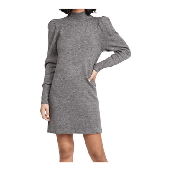 WAYF Lola Puff Sleeve Sweater Dress Gray Knit Mini Mock Neck Pull-Over S - Picture 1 of 12